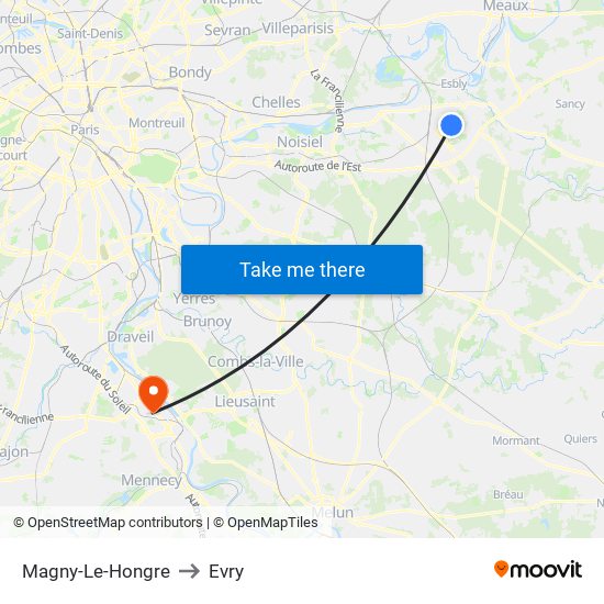 Magny-Le-Hongre to Evry map