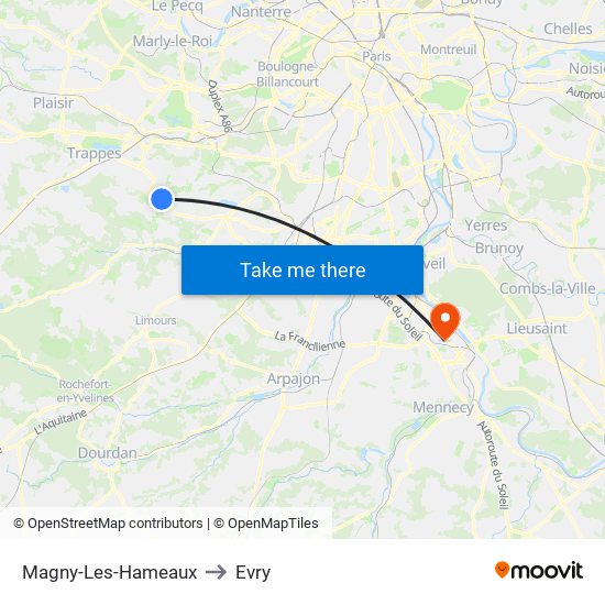 Magny-Les-Hameaux to Evry map