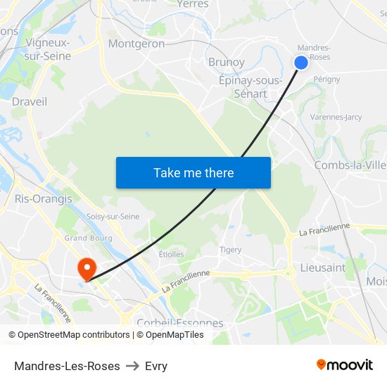 Mandres-Les-Roses to Evry map