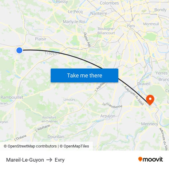 Mareil-Le-Guyon to Evry map