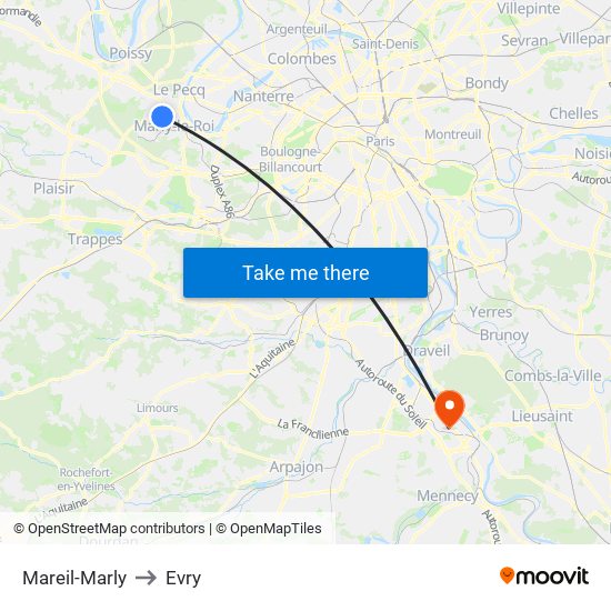 Mareil-Marly to Evry map