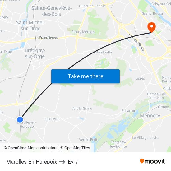 Marolles-En-Hurepoix to Evry map