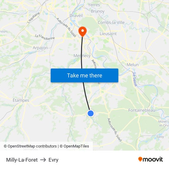 Milly-La-Foret to Evry map