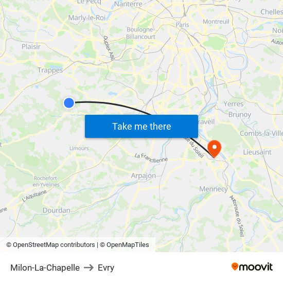 Milon-La-Chapelle to Evry map