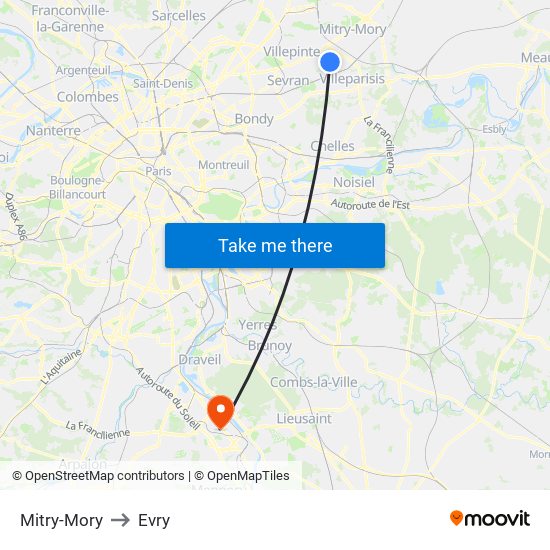 Mitry-Mory to Evry map