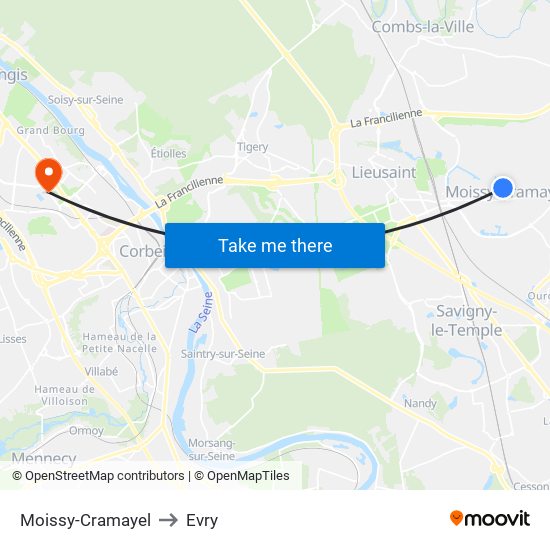 Moissy-Cramayel to Evry map