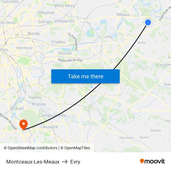 Montceaux-Les-Meaux to Evry map