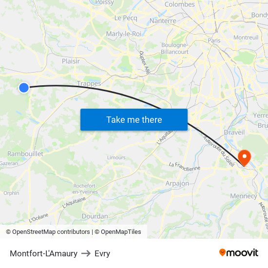 Montfort-L'Amaury to Evry map