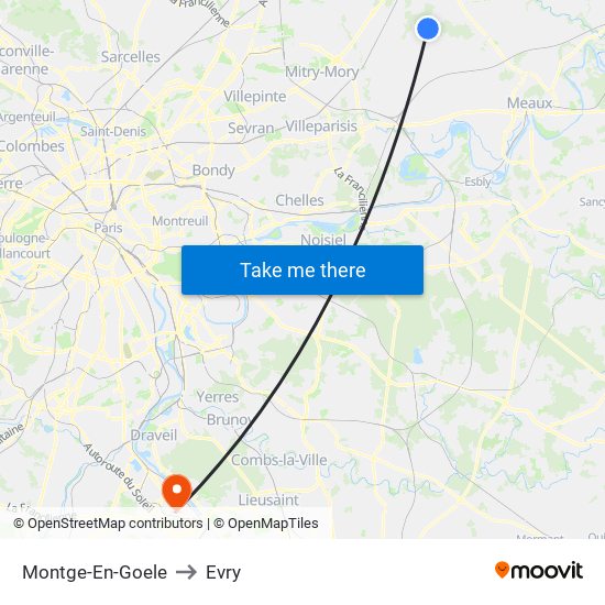 Montge-En-Goele to Evry map