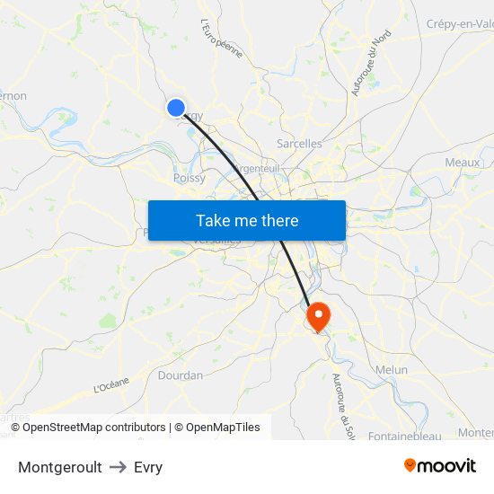 Montgeroult to Evry map