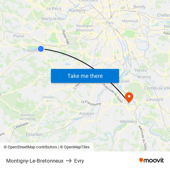 Montigny-Le-Bretonneux to Evry map