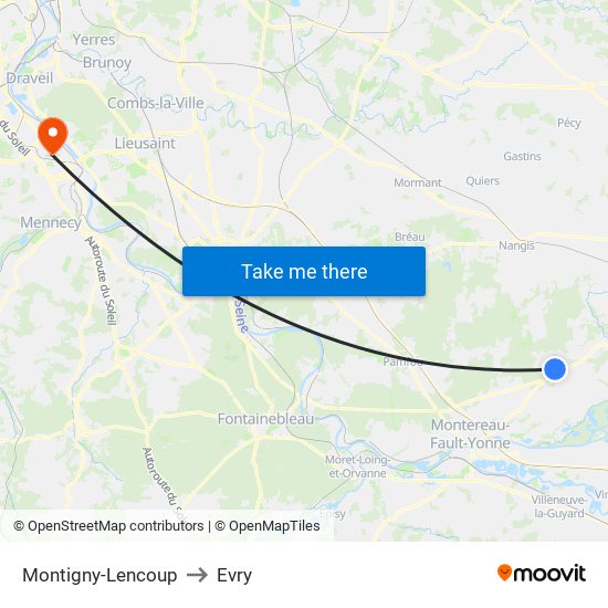 Montigny-Lencoup to Evry map