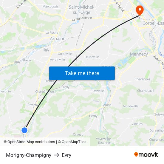 Morigny-Champigny to Evry map