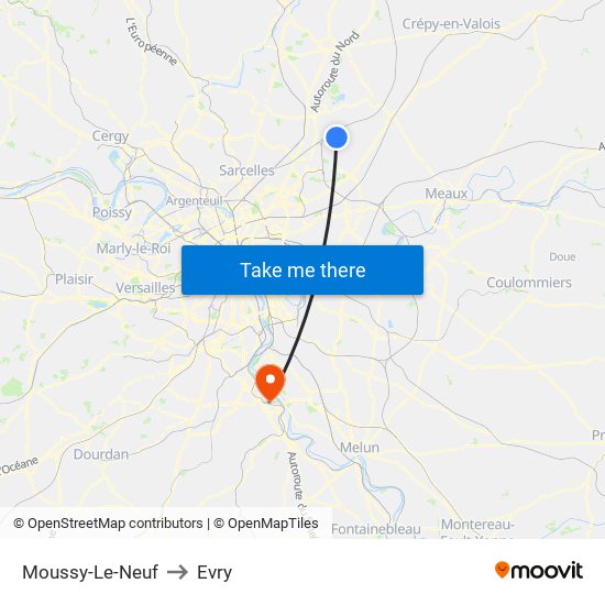 Moussy-Le-Neuf to Evry map