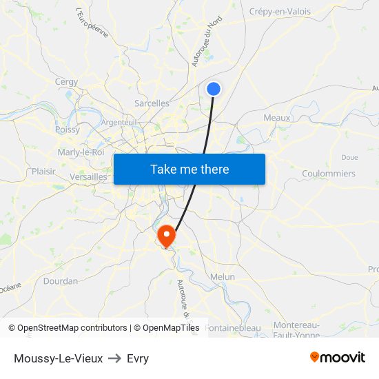 Moussy-Le-Vieux to Evry map