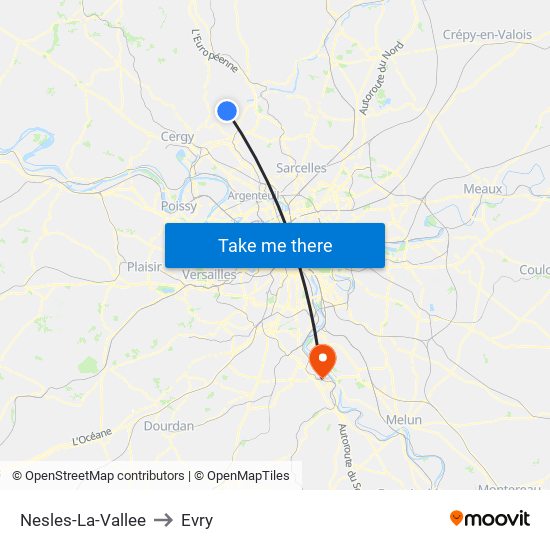 Nesles-La-Vallee to Evry map