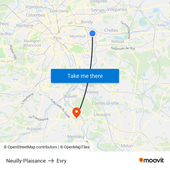 Neuilly-Plaisance to Evry map