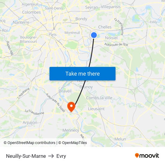 Neuilly-Sur-Marne to Evry map