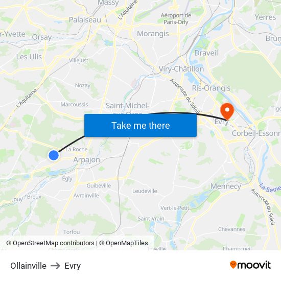Ollainville to Evry map
