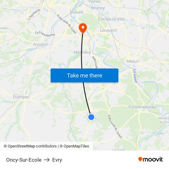 Oncy-Sur-Ecole to Evry map