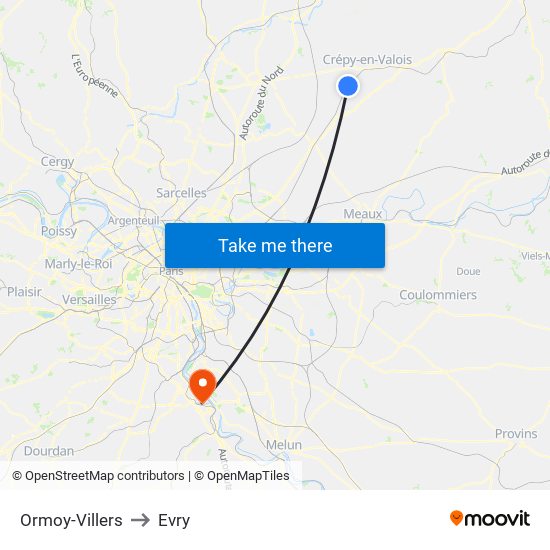 Ormoy-Villers to Evry map