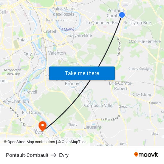 Pontault-Combault to Evry map