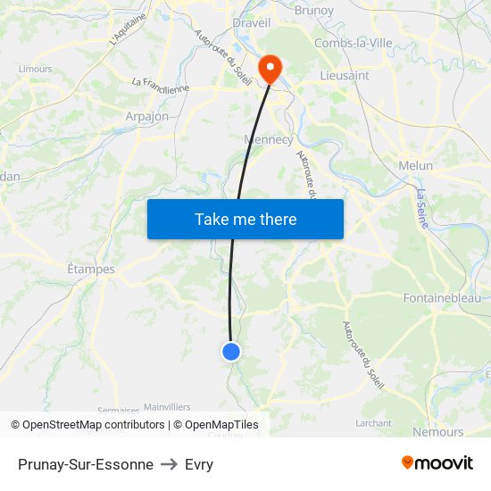 Prunay-Sur-Essonne to Evry map