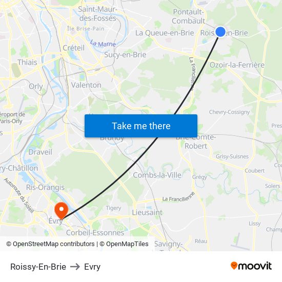 Roissy-En-Brie to Evry map