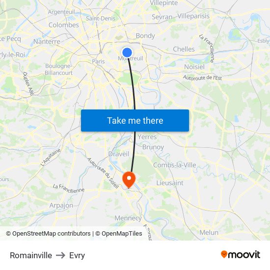 Romainville to Evry map