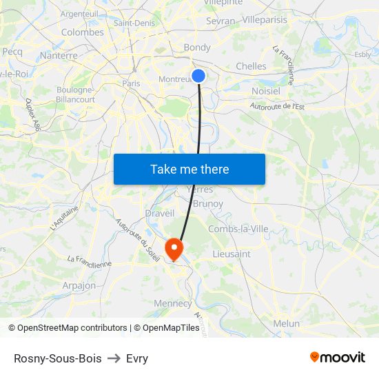 Rosny-Sous-Bois to Evry map
