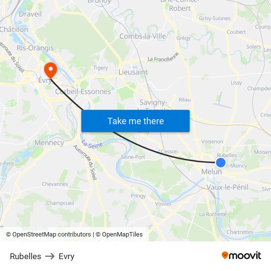 Rubelles to Evry map