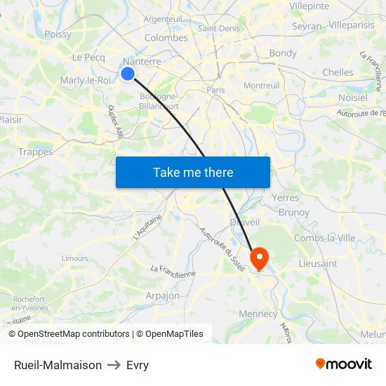 Rueil-Malmaison to Evry map