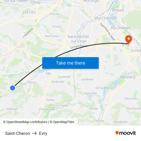 Saint-Cheron to Evry map