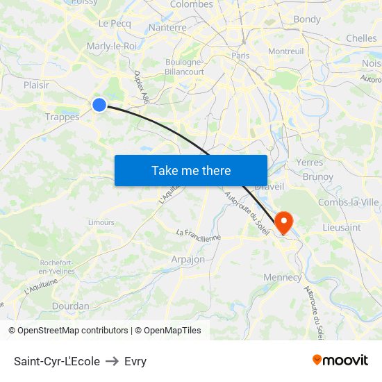 Saint-Cyr-L'Ecole to Evry map