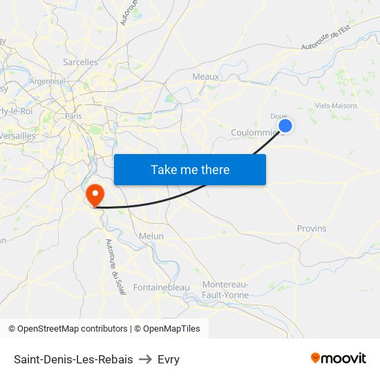 Saint-Denis-Les-Rebais to Evry map