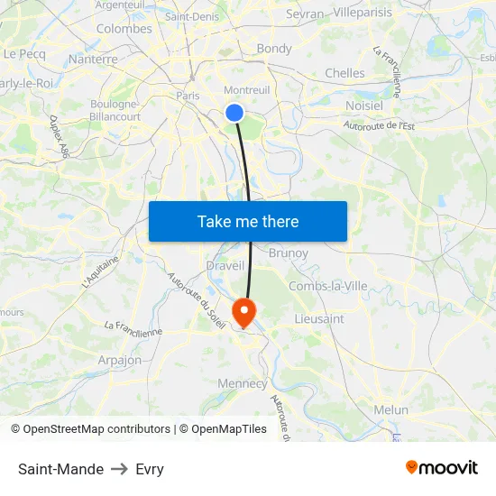 Saint-Mande to Evry map