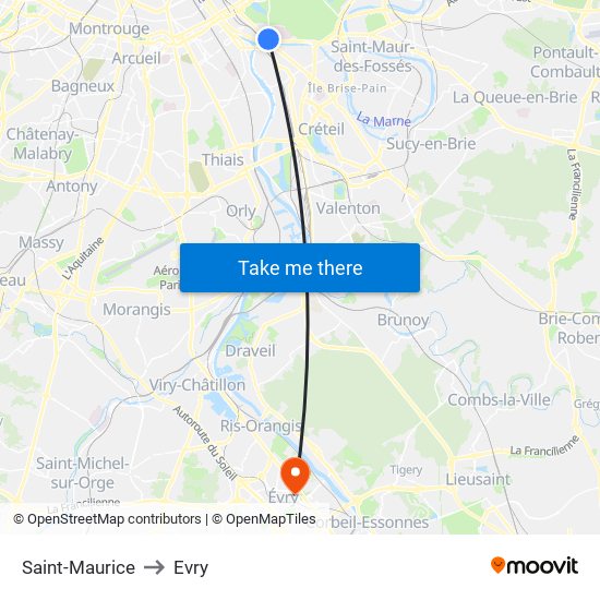 Saint-Maurice to Evry map