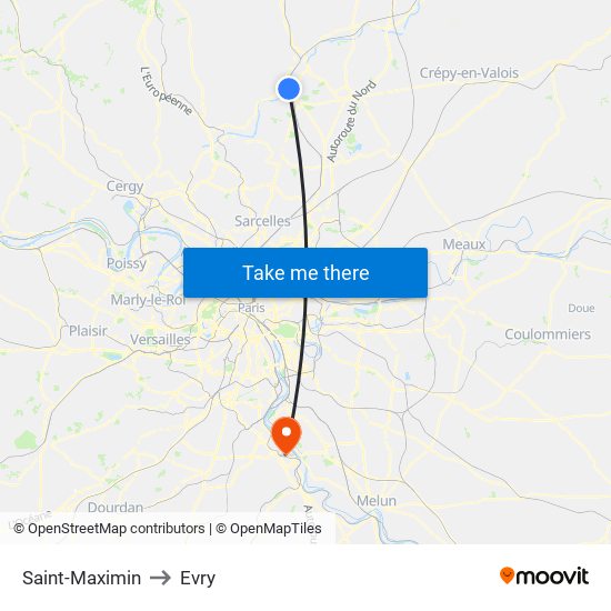 Saint-Maximin to Evry map