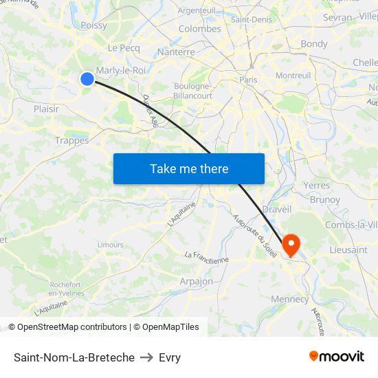 Saint-Nom-La-Breteche to Evry map