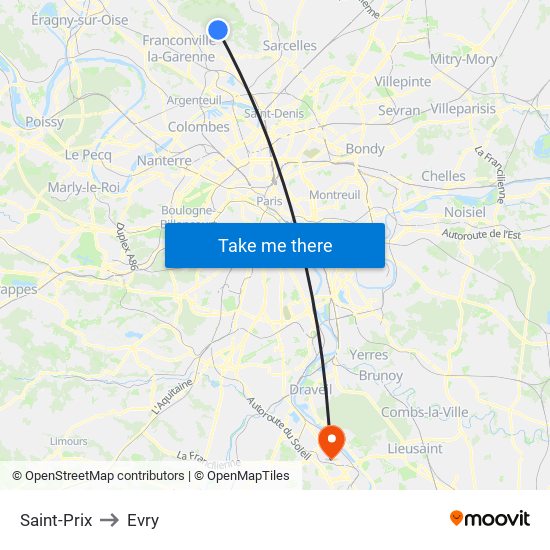 Saint-Prix to Evry map