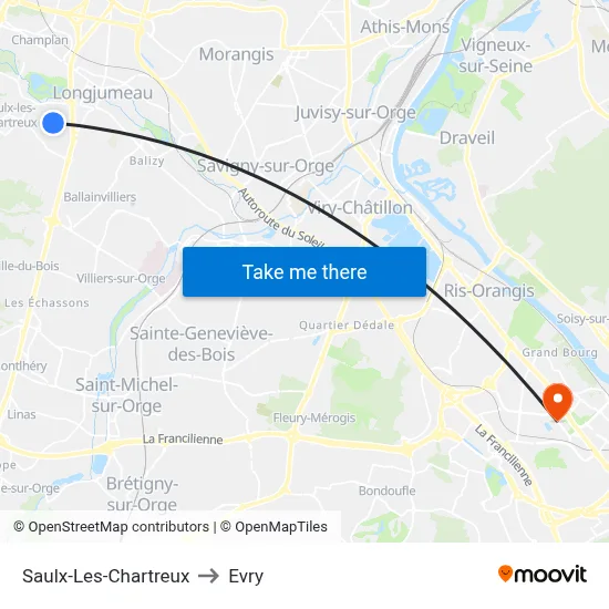 Saulx-Les-Chartreux to Evry map