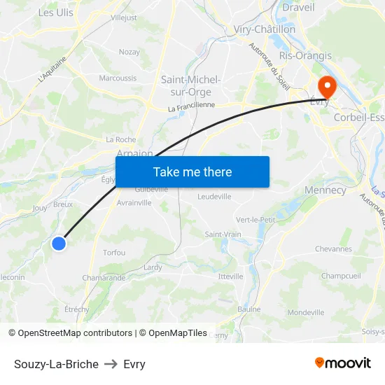Souzy-La-Briche to Evry map