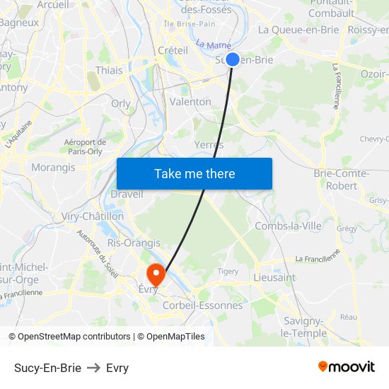 Sucy-En-Brie to Evry map
