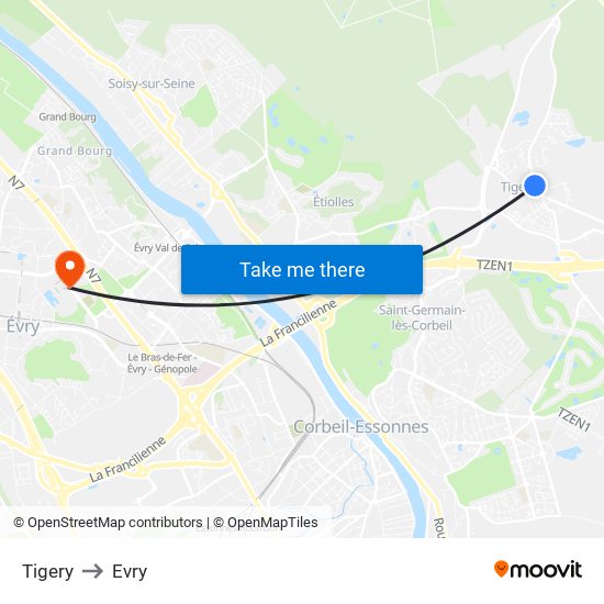 Tigery to Evry map