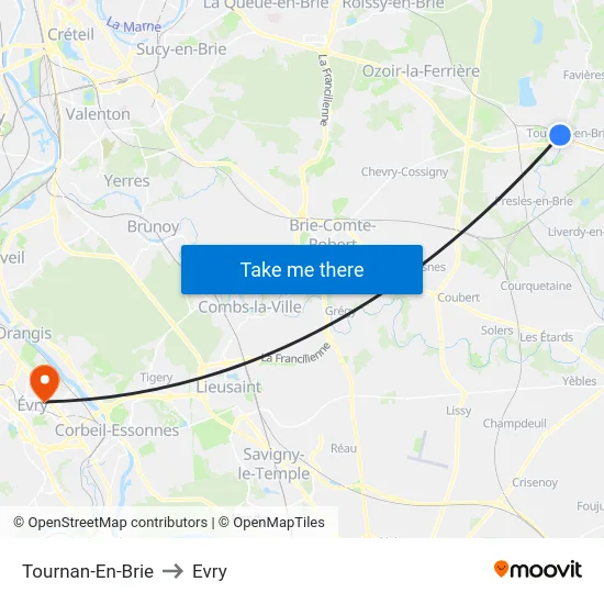 Tournan-En-Brie to Evry map