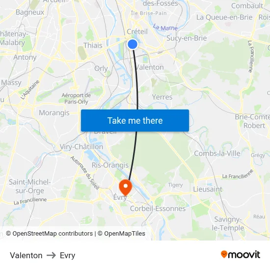 Valenton to Evry map
