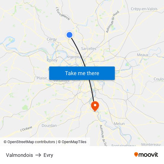 Valmondois to Evry map