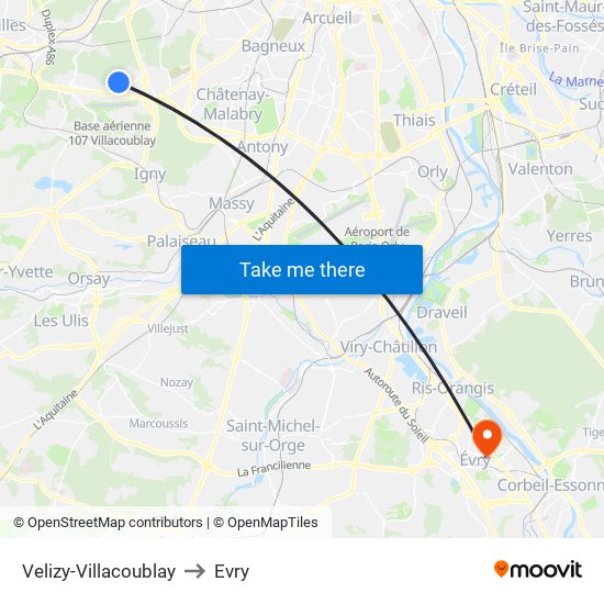 Velizy-Villacoublay to Evry map