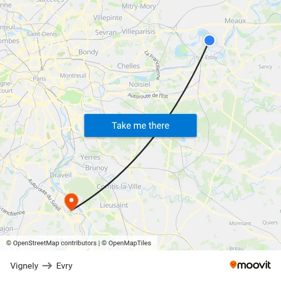 Vignely to Evry map