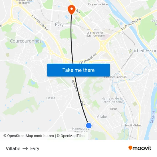 Villabe to Evry map